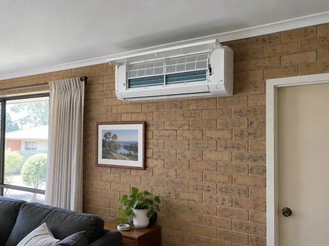 Clean split system indoor unit on a brick wall with open front panel and visible filters in Davoren Park